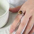 Polished silver titanium steel ring featuring a triangular tiger eye stone inlay - US 6 / Silver Band / Tiger Eye