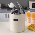 Borsa termica cilindrica beige con chiusura a coulisse e manici in fettuccia grigia - Beige