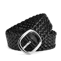 Women's black woven PU patent leather belt with a polished silver buckle for dresses - Black