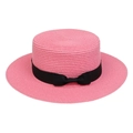 Pink straw sun hat with flat top and black ribbon bow for women's summer beach wear - Ribbon Bow Decor Band Style (303N)
