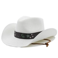 Chapeau de cowboy blanc en paille avec broderie florale et jugulaire réglable sur blanc - Blanc Pur