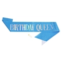 Blue glitter Birthday Queen party sash with silver holographic font and golden pin - Blue Fabric Holographic QUEEN