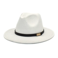 Detail of white wool fedora hat featuring a black band and rectangular gold buckle accent - White