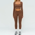 Set yoga marrone caffè da donna con leggings a vita alta a V e crop top a maniche lunghe - Taglia S / Top E Pantaloni / Manica Lunga + Leggings / Caffè