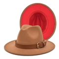Detail of camel wool fedora with red underbrim and brown faux leather belt buckle - M(56-58cm) / Khaki + Red