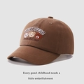 Detail of brown cotton kids baseball cap with cute bear embroidery and text - 48-50cm / Three Bears / Dark Coffee