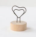 Rustic wood base memo holder with double heart metal wire clip in light natural finish - Heart