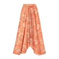 Detail of coral orange high-waisted wide-leg pants with white shell print and pleated texture - One Size / Orange Mesh Skirt