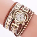 Bohemian multi-layer heart shaped crystal watch with brown leather wraparound band - Brown