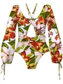 Costume da bagno intero a maniche lunghe con stampa floreale tropicale e apertura - Floreale Rosso Rosa