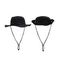 Detalle de sombrero de sol negro con cordón ajustable resistente al viento y ojales de metal - Negro