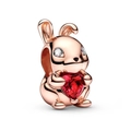 Rose gold bunny charm with a sparkling red heart stone for DIY jewelry bracelets - Rose Gold Rabbit Holding Red Heart