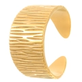 Wide gold plated stainless steel open ring with textured wood grain finish for women - Vertical Bark Style (11899)