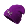 Unisex purple knit beanie with silver metal chains, butterfly pendant and cross charm detail - One Size / Deep purple