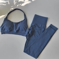 Set yoga blu polvere senza cuciture con reggiseno sportivo e leggings a vita alta - Taglia S / Top E Pantaloni / Blu grigiastro