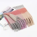 Pink, beige and grey plaid mohair scarf with tassels for women, autumn winter accessory - 009-Pink Grey Beige Plaid