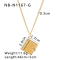 Gold book-shaped stainless steel locket necklace with quote engraving on a rope chain - Gold Book Quote Style (NB-N1167-G) / Gold