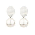 Elegant stainless steel drop earrings featuring polished silver oval and large white pearl - Oval Metal Sheet Pearl Earrings (E1080-ST)