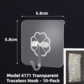 Set of 10 transparent self-adhesive hooks with 5.8cm square PVC back and steel hook - Transparent No-trace Hooks 10 Pcs Bag (Iron Hook)