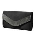 Close-up of elegant black satin evening clutch featuring a sparkling V-shaped rhinestone flap - Black