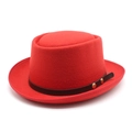Detail of red wool felt bowler hat featuring a brown leather band and gold metal studs - M (56-58cm) / Red