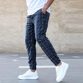 Men's navy blue checkered casual pants with drawstring waist and streetwear style - S / Bottoms / Dark Blue