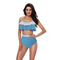 Sky blue high-waisted two-piece bikini featuring ruffled halter top and striped trim - S / Striped