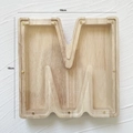 Letter M shaped oak wood piggy bank with acrylic panel and 18cm dimensions - Letter M