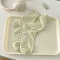 Striped cotton crew socks in light green and white with breathable knit texture - One Size / Milky Green