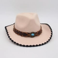 Beige wool felt jazz hat with brown leather band and blue turquoise stone accent - One Size / Beige With Black Edge (Cross Rope)