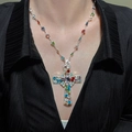 Cross necklace with multicolored crystals and silver chain on a black shirt - Silver Colored Gemstone Cross (DZ-172)