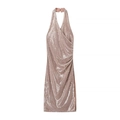Pink sequin halter dress with pleated details and side slit shown on white background - S / Champagne