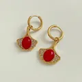Gold fan earrings with red zircon stones and small diamonds in Ginkgo leaf style - Gold + Red Zirconia (KDE1514)