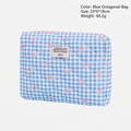 Blue plaid quilted makeup bag featuring pink bows and 23x6x18cm size specifications - Light Blue Clutch Bag