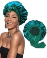 Emerald green double-layer satin bonnet with silk-like ribbon bow for hair care - M / Emerald Green + Black