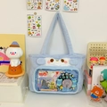 Light blue penguin plush tote bag with clear PVC window and cute 3D ears design - Winter Plush Version / Blue