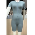 Detail of ribbed seamless bodysuit featuring front zipper and slate blue knitted fabric - Light Green