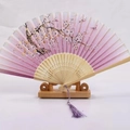 Pink purple gradient bamboo folding fan with cherry blossom pattern and purple tassel - White Ribs Style 19