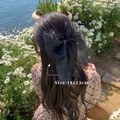 Large black mesh bow hair clip with streamer, 18x23cm size, worn on a model - Black Bow Spring Clip (Organza) 18x23cm