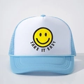 Blue and white trucker hat with Take It Easy smile embroidery and breathable mesh back - One Size / Sky Blue