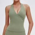 Slim fit halter neck sports vest with crossover V-neck and ruched side in sage green - Light Army Green