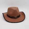 Brown felt cowboy hat with bronze leopard head emblem and dark spotted band decoration - One Size / Khaki Black Trim (Leopard Buckle)