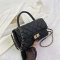 Quilted black PU leather crossbody bag with gold chain strap and square metal clasp - Black