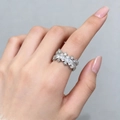 Adjustable silver ring with wide band pavé set cubic zirconia and jagged snowflake edge - White Gold Color
