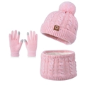 Pink kids knit beanie scarf and touchscreen gloves 3-piece set for winter warmth - Pink