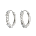 Silver huggie hoop earrings with micro-paved cubic zirconia and heart chain texture - Pave Chain Pattern Silver Hoop Earrings (白KM-607)