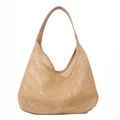 Damen Sommer-Strohtasche in Beige Häkeloptik mit braunen PU-Leder-Schulterriemen - Khaki