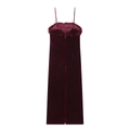 Elegante abito midi in velluto bordeaux con bordo in ecopelliccia e strass lucidi - Taglia S / Borgogna