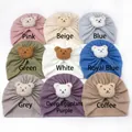 Baby ribbed knit turban hat collection with cute plush bear patch in nine varied soft colors - 9-Color Mixed Pack
