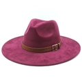 Classic wide brim fedora hat in dark purple faux suede with a brown woven leather band - M (56-59cm) / Wine Red (Suede)